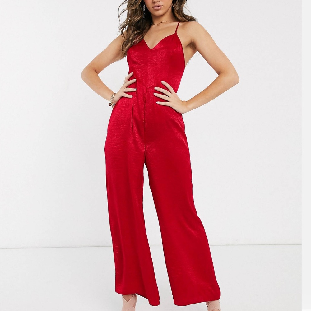 ASOS DESIGN cami strap satin jumpsuit with plunge
front in red